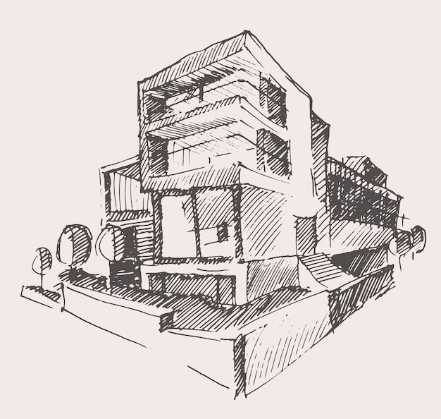 Architect draft, building design concept, hand drawn