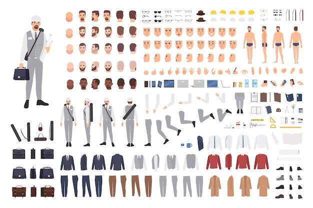 Vector architect or engineer animation set or constructor kit. bundle of male cartoon character body parts, emotions, gestures, clothes, working tools isolated on white background. flat vector illustration.