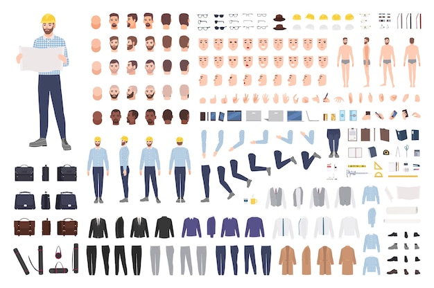 Architect or engineer diy kit. collection of male cartoon character body parts, facial expressions, gestures, clothes, working tools isolated on white background. colorful flat vector illustration.