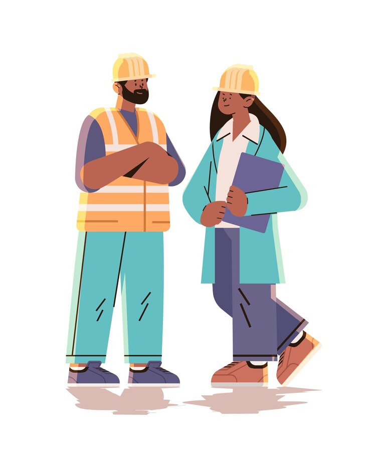 Vector architect and engineer in uniform discussing project during meeting construction of buildings concept full length