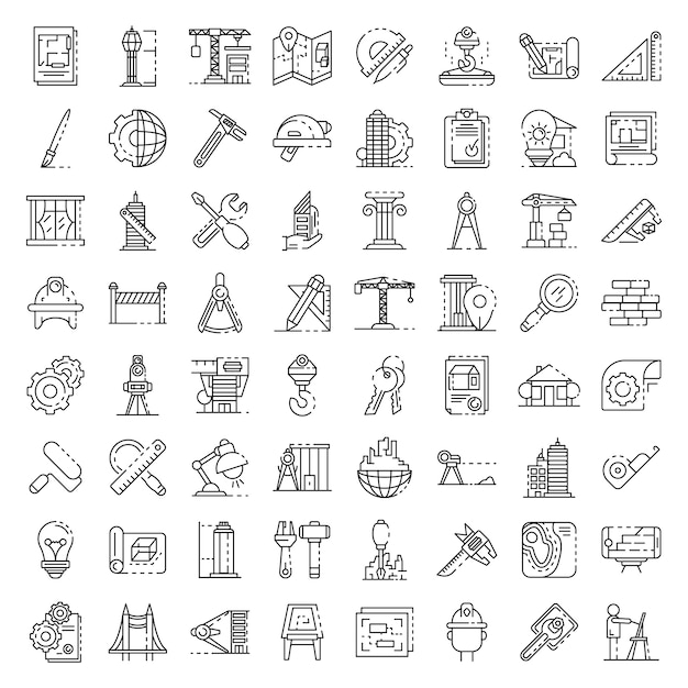 Set di icone di attrezzature architetto. insieme del profilo delle icone di vettore dell'attrezzatura dell'architetto