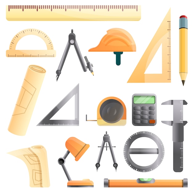 Architect equipment set, cartoon style