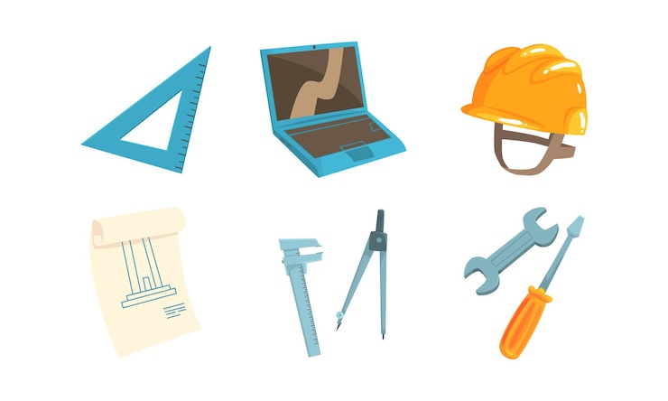 Vector architect equipment set laptop computer blueprint screwdriver triangle calipers hard hat cartoon vector illustration