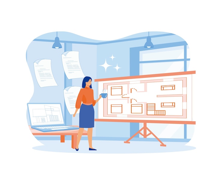 Vector architect female concept professional construction plan development job as technical occupation woman workplace with draft sketch flat vector modern illustration