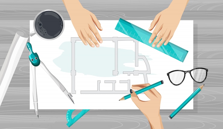 Vector architect hands drawing a blueprint with rulers, compass and pencil