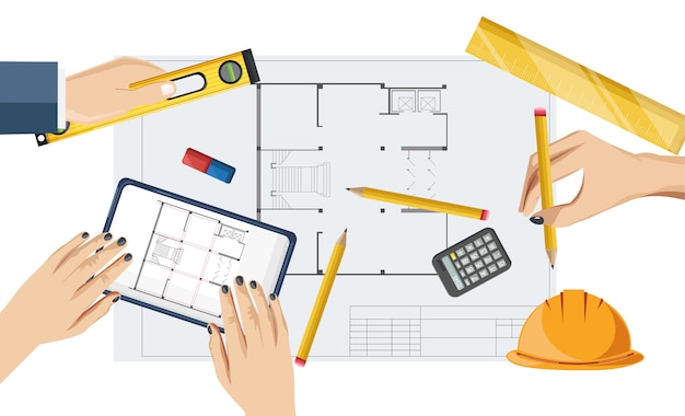 Mani dell'architetto che disegnano un modello con i righelli, la bussola e la matita