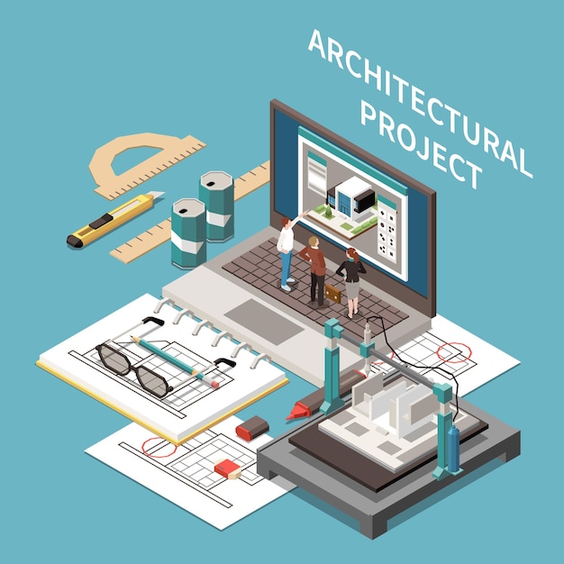 Vector architect isometric composition with elements of architects working place projects pencils and laptop with small people