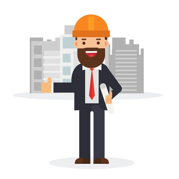 Vector architect man character wearing orange safety
