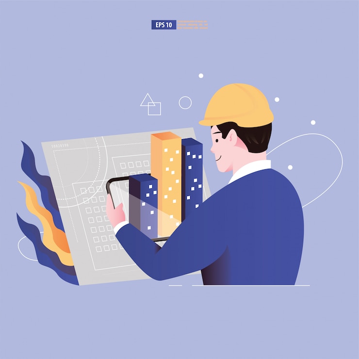 Vector architect view 3d buildings in tablet that emerge from architecture plan document  illustration
