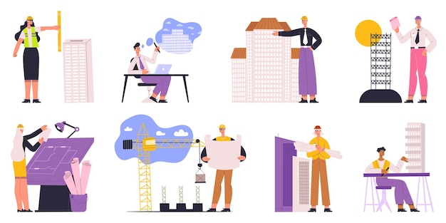 Architecten, ingenieurs, bouwers en bouwvakkers karakters. Professionele bouwer, architect, ingenieur vectorillustratie. Bouwkundig projectmedewerkers. Teamwork ontwikkeling architectuur