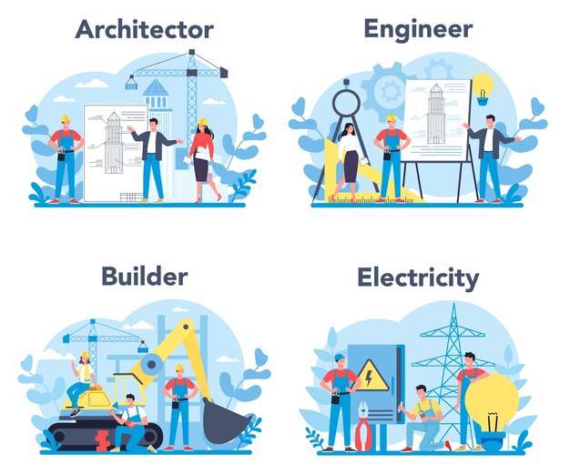 Vector architecting and building profession set. construction and engineering workers. collection of occupation, male and female worker in the uniform.