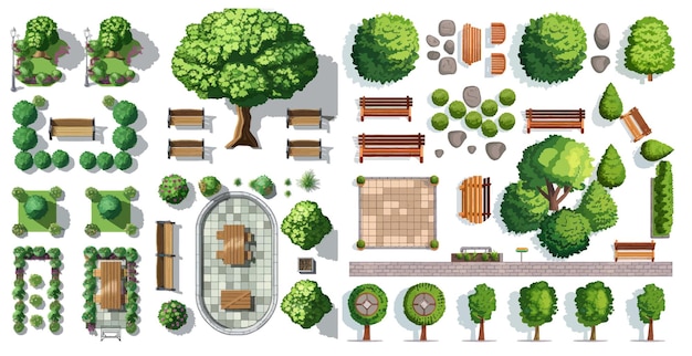 Vector architectonische landschapsarchitectuur stadspark bomen banken paden tafels en stoelen vector illustratie set
