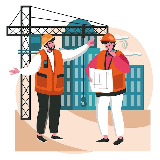 Architects discussing blueprint scene concept. engineers team in helmets working with project of building at construction site, people activities. vector illustration of characters in flat design