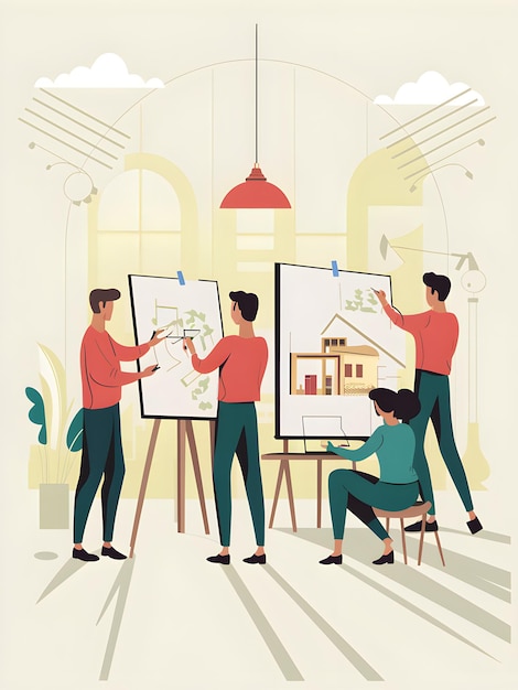 Architects Drawing Up Plans and Models in a Bright Airy Studio Vector Illustration