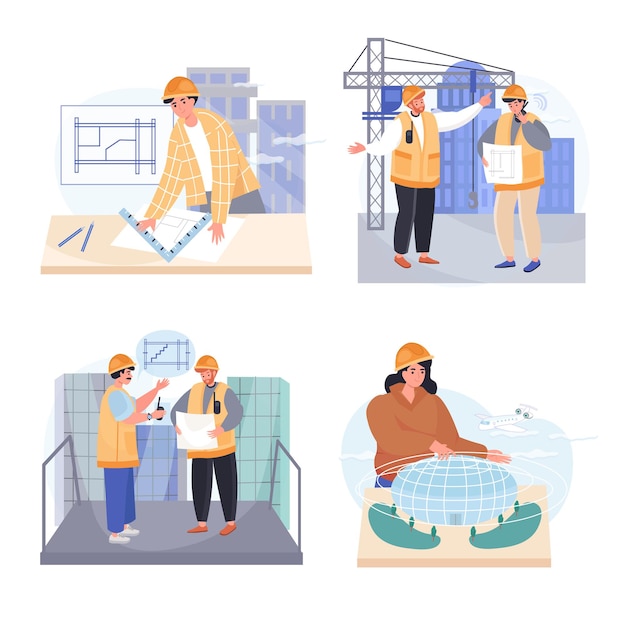 Architects profession concept scenes set vector illustration of characters