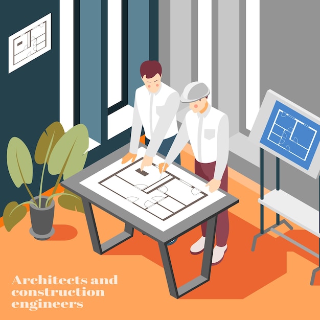 Vector architectura lengineers kantoorwerk isometrische illustratie