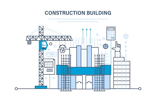 Vector architectural building work construction site with technical equipment and machines