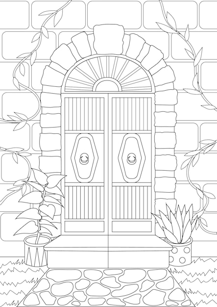 Architectural Coloring Page With Wooden Door With Stones And Plants Around Architectonic Sheet To Be Colored With Gate Made By Wood With Flowers In Pots