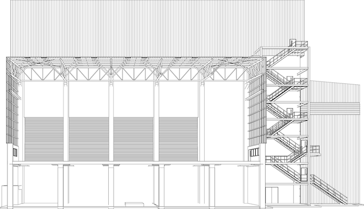 Vector architectural elevation of an industrial facility showing a steel structure and external staircase