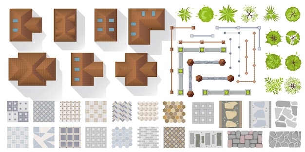 Architectural and Landscape elements top view for town village Set of houses plants garden fence trees tile path for project plan map yard Collection of objects View from above Vector kit
