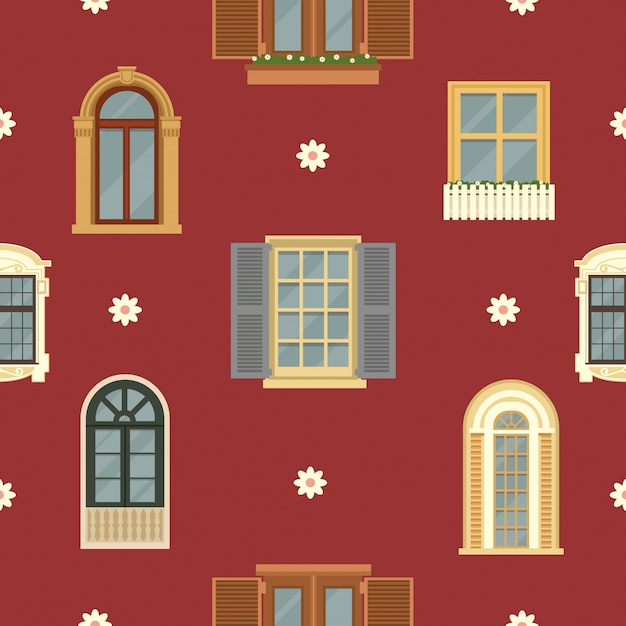 Vector architectural seamless pattern with detailed vintage windows