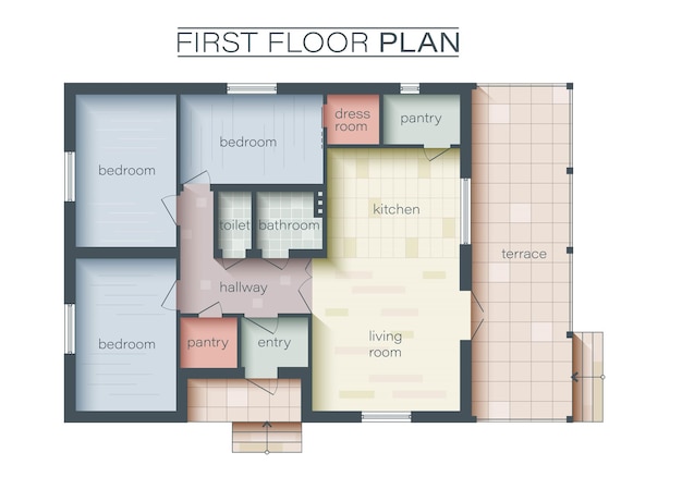 Architectural technical color floor plan. colorful floor plan of a house. three bedrooms apartment architectural cad drawing. vector illustration