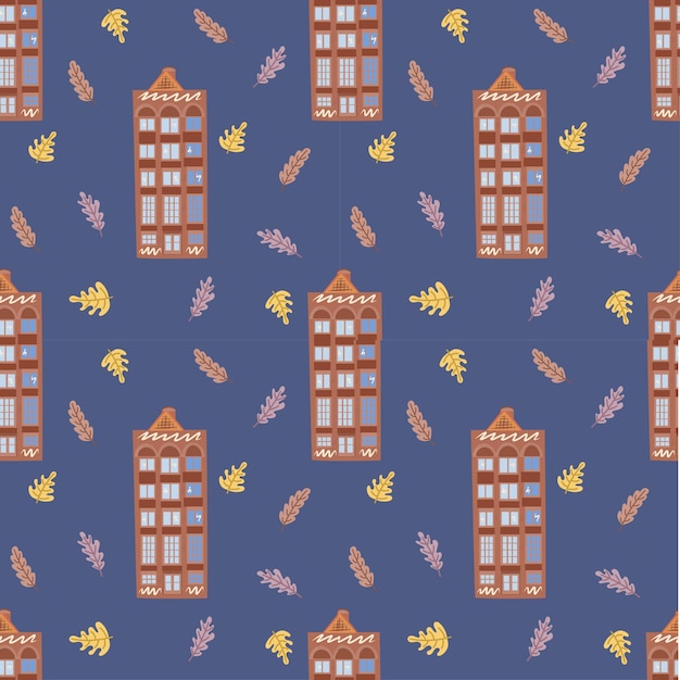 Vector architecture amsterdam cozy and cute seamless pattern on a blue background.