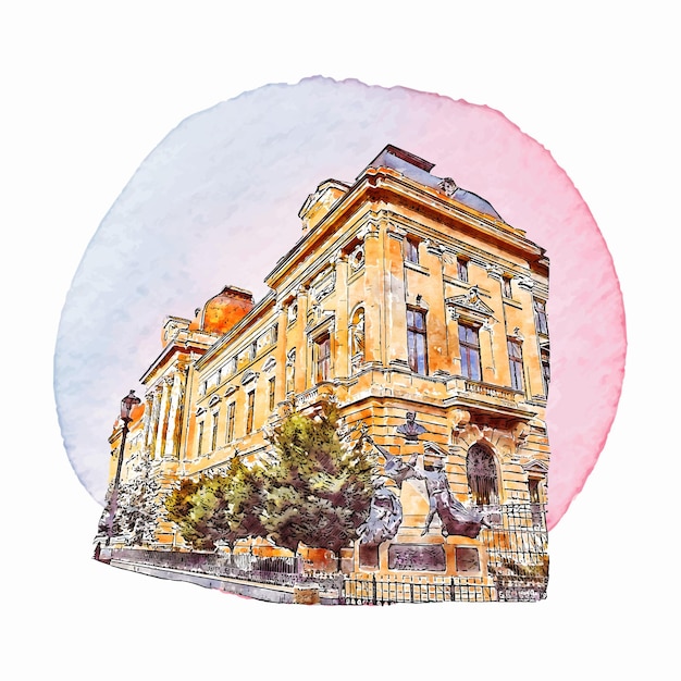 Architecture bucharest romania watercolor hand drawn illustration isolated on white background