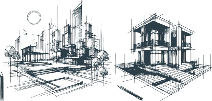 Vector architecture and building design vector sketch drawings in black on a white background