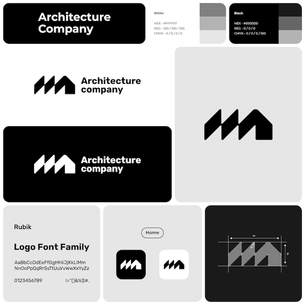 アーキテクチャ会社 モノクロ ライン ビジネス ロゴ ブランド名 ホーム アイコン クリエイティブ デザイン エレメント ビジュアル アイデンティティ ルービック フォント の テンプレート アーキテクト ビル 建設 に 適しています