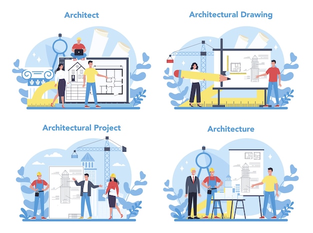 ベクトル アーキテクチャコンセプトセット。建築プロジェクトと建設工事のアイデア。家、エンジニア産業のスキーム。建設会社事業。