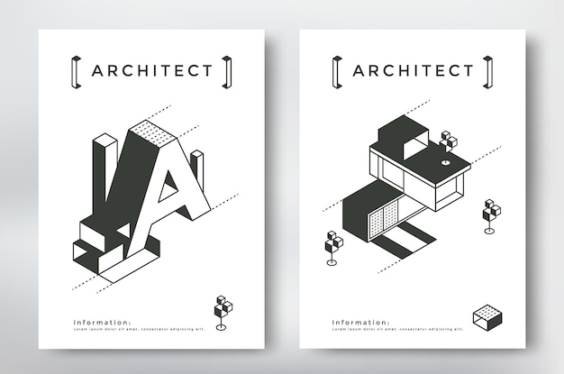 Architecture cover design a4 format template. isometric building and geometry elements.