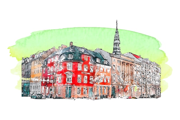 Architecture denmark watercolor hand drawn illustration isolated on white background