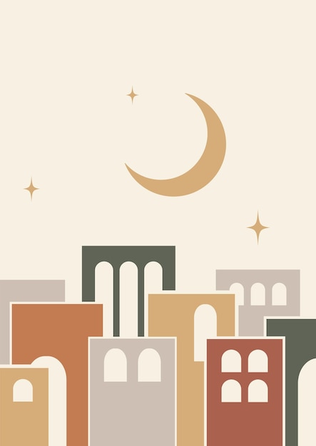 Элементы архитектуры, иллюстрация плаката города и луны.