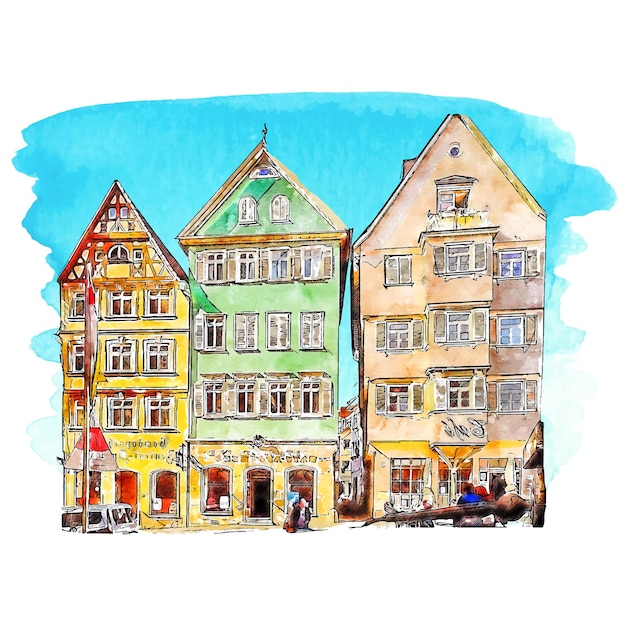 建築エスリンゲン ドイツ水彩手描きイラスト白背景に分離