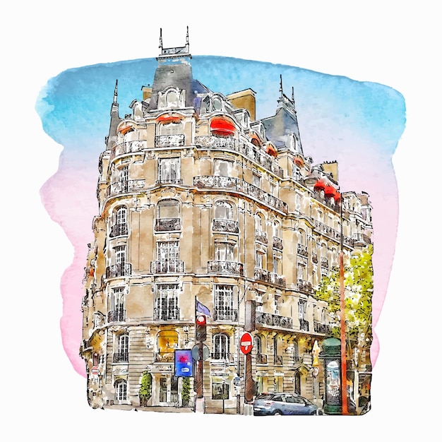 建築フランス水彩手描きイラスト白背景に分離