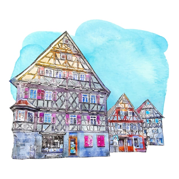 Architecture herrenberg germany watercolor hand drawn illustration isolated on white background