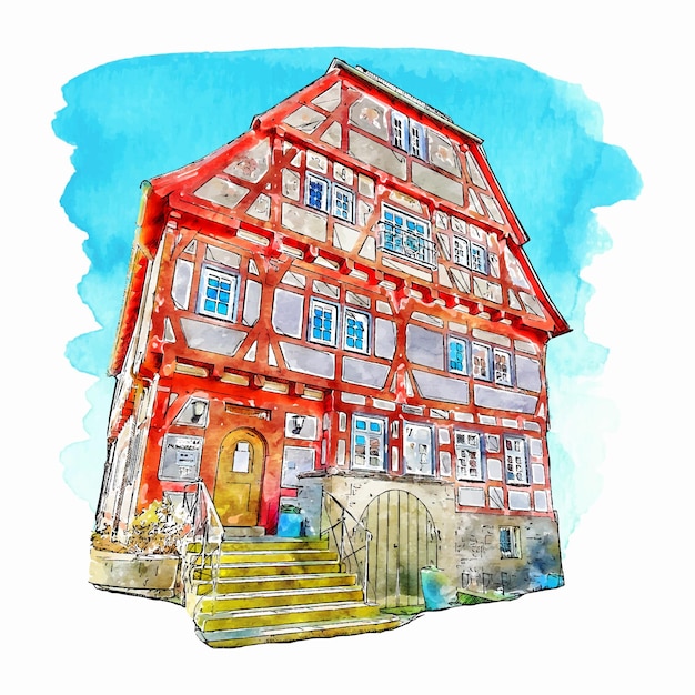 建築ヘッシグハイム ドイツ水彩手描きイラスト白背景に分離