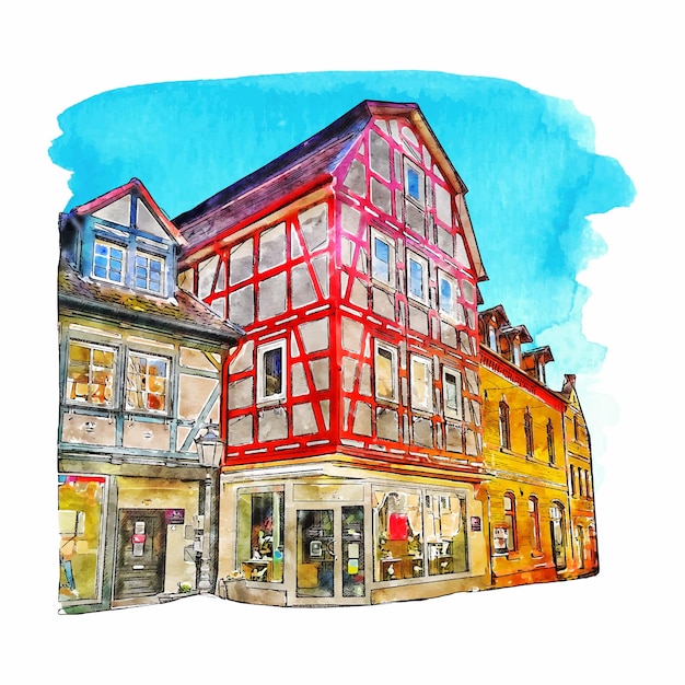 Architecture homberg hessen germany watercolor hand drawn illustration isolated on white background