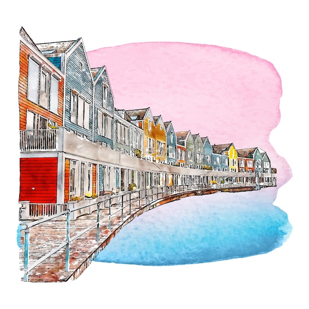 건축 Houten rietplas 네덜란드 수채화 손으로 그린 그림 흰색 배경에 고립