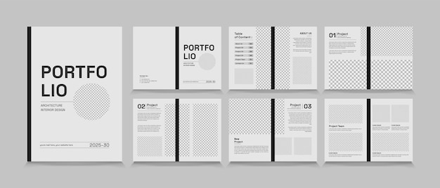 Vettore progettazione del layout del portfolio di architettura e interni, modello di brochure pronto per la stampa di dimensioni standard a4.