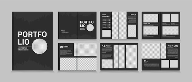 Vettore progettazione del layout del portfolio di architettura e interni, modello di brochure pronto per la stampa di dimensioni standard a4.