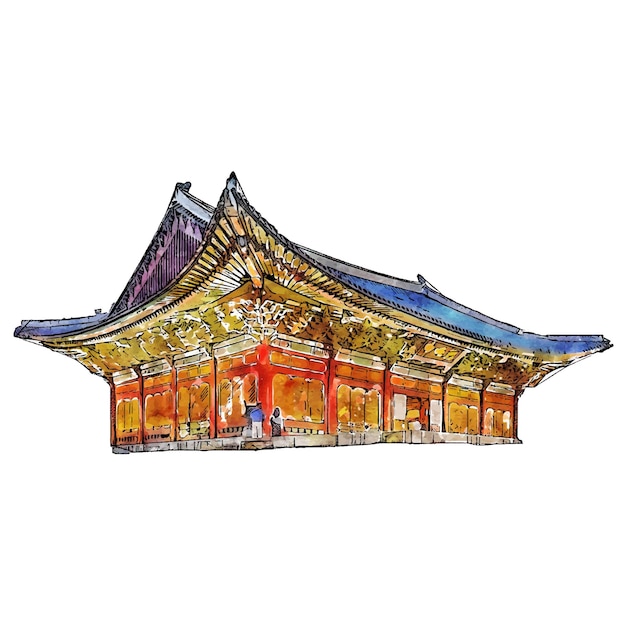 Architecture Korea watercolor hand drawn illustration isolated on white background