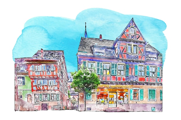 Architettura ladenburg germania acquerello disegnato a mano illustrazione isolato su sfondo bianco