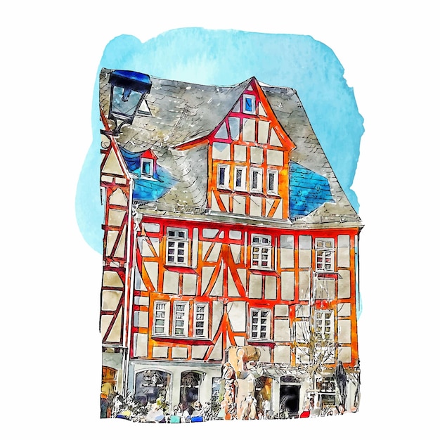 Архитектура лимбург германия акварель рисованной иллюстрации на белом фоне