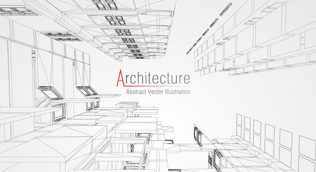 Architecture line background. building construction sketch vector abstract. modern city 3d project. technology geometric grid. wire blueprint house. digital architect innovation wireframe.