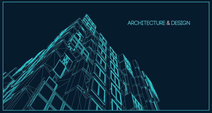 Фон линии архитектуры. Абстракция вектора эскиза строительства здания. 3d проект современного города. Технологическая геометрическая сетка. Проводной чертеж дома. Инновационный каркас цифрового архитектора.