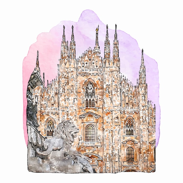 Vector architecture milan cathedral italy watercolor hand drawn illustration isolated on white background