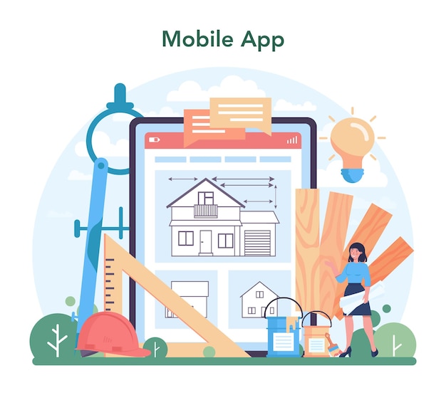 Architecture online service or platform. Idea of building project and construction work. Construction company industry. Mobile app. Flat vector illustration