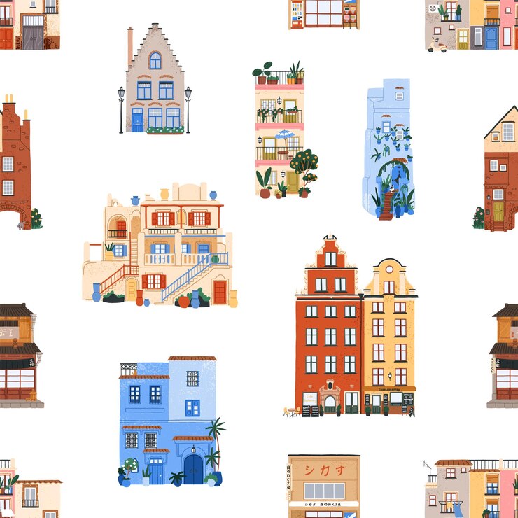 Vector architecture pattern seamless background cozy old houses of different countries repeating print design european and asian home buildings flat vector illustration for fabric textile decoration